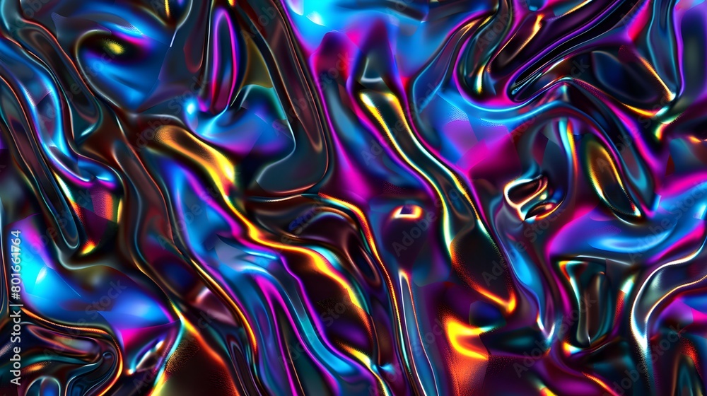 Obraz premium Modern 3D backdrop with moving holographic neon geometrical wavy pattern—a blend of technology and art. Perfect for backgrounds, banners, wallpapers, posters, and covers.