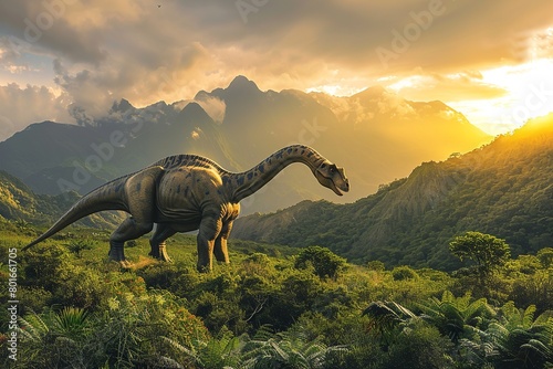 A professional photo showcases the immense size and gentle presence of an Argentinosaurus dinosaur in its natural habitat © Roberto