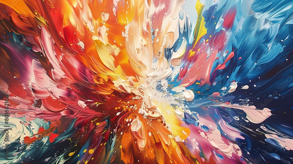 Dynamic close-up of abstract floral explosions on a canvas, highlighting the fusion of colors and forms in a spectacular display. Dynamic close-up of abstract floral explosions on a canvas, highlighting the fusion of colors and forms in a spectacular display.