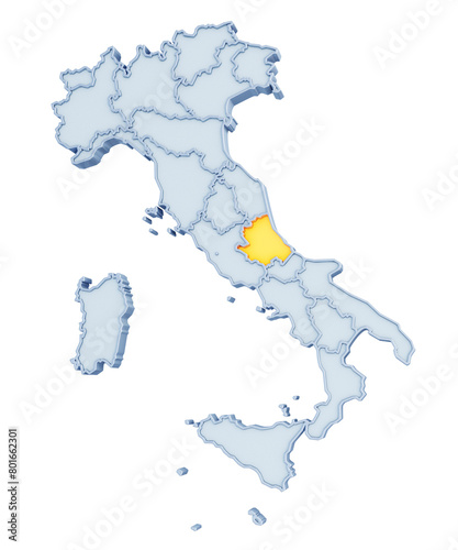 Italian region of Abruzzo highlighted in golden yellow on three-dimensional map of Italy isolated on transparent background. 3D rendering