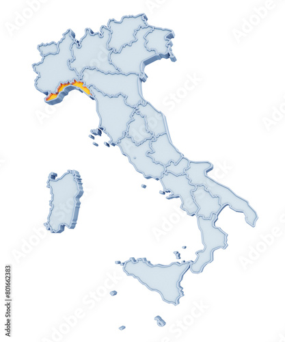 Italian region of Liguria highlighted in golden yellow on three-dimensional map of Italy isolated on transparent background. 3D rendering