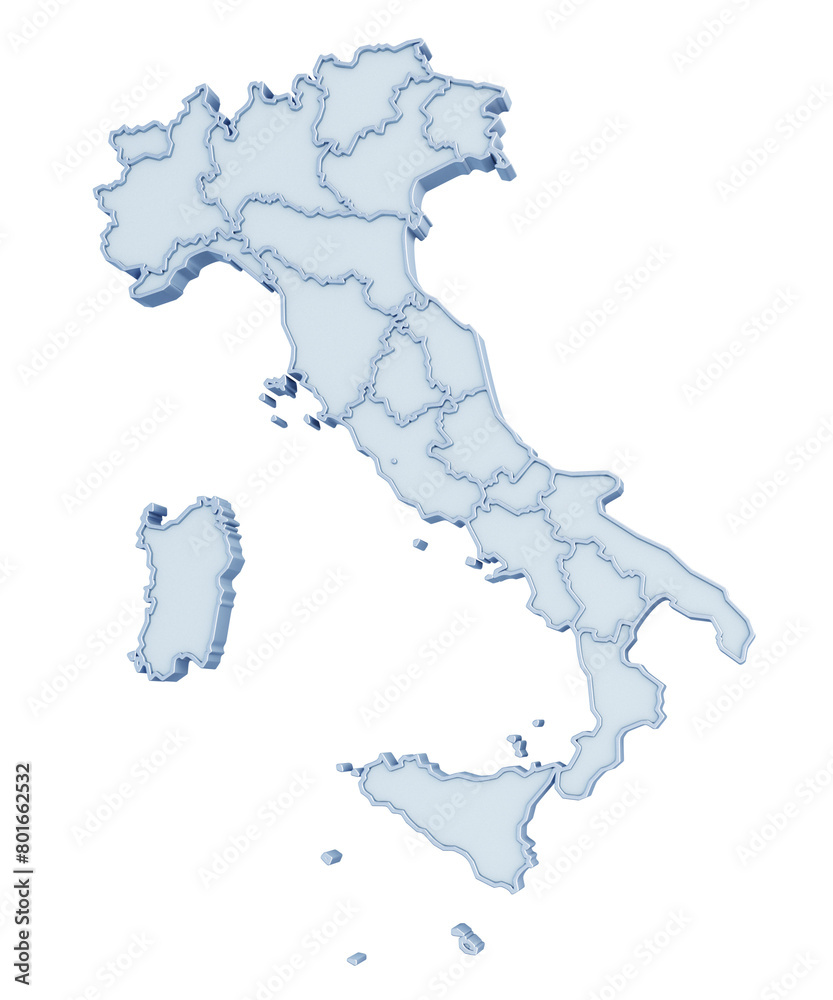 Blank three-dimensional map of Italy with regional borders isolated on transparent background. 3D rendering Blank three-dimensional map of Italy with regional borders isolated on transparent background. 3D rendering