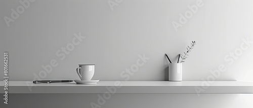 A sleek, blank mockup of a minimalist professional workspace, featuring a pristine desk and a single pen resting in its holder. photo