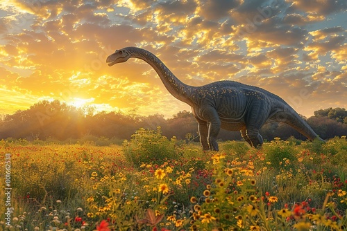 A professional photo showcases the immense size and gentle presence of an Argentinosaurus dinosaur in its natural habitat © Roberto
