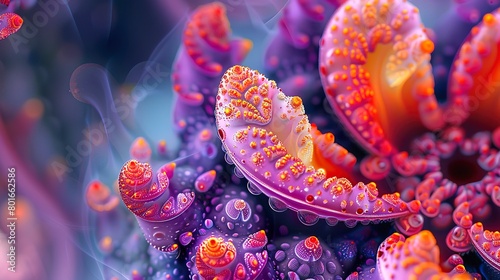 Vibrant and mesmerizing, a close-up abstract featuring psychedelic floral patterns for a visually intoxicating vibe.  photo