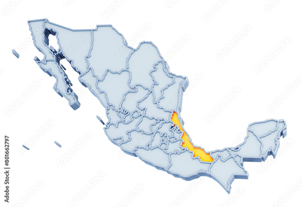 Obraz premium Mexican state of Veracruz highlighted in golden yellow on three-dimensional map of Mexico isolated on transparent background. 3D rendering