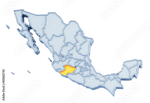 Mexican state of Michoacán highlighted in golden yellow on three-dimensional map of Mexico isolated on transparent background. 3D rendering