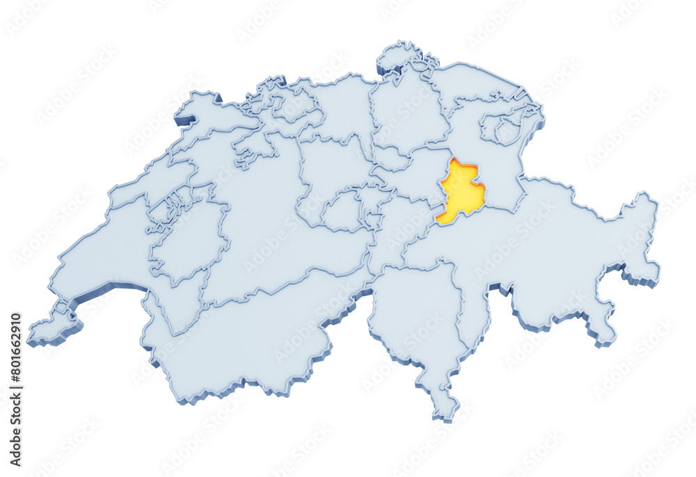 Swiss canton of Glarus highlighted in golden yellow on three-dimensional map of Switzerland isolated on transparent background. 3D rendering