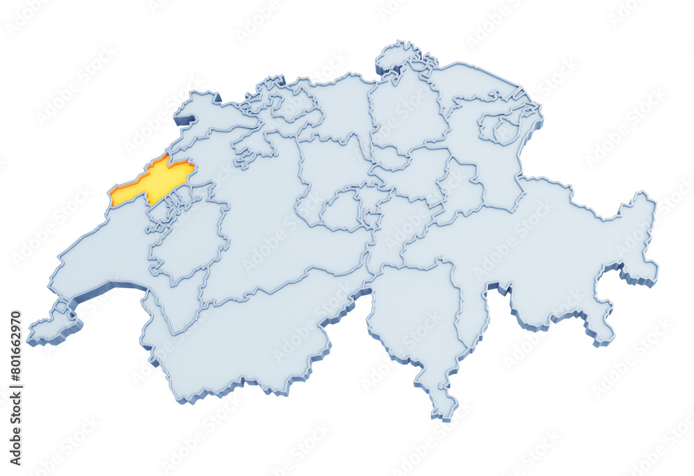 Swiss canton of Neuchâtel highlighted in golden yellow on three-dimensional map of Switzerland isolated on transparent background. 3D rendering