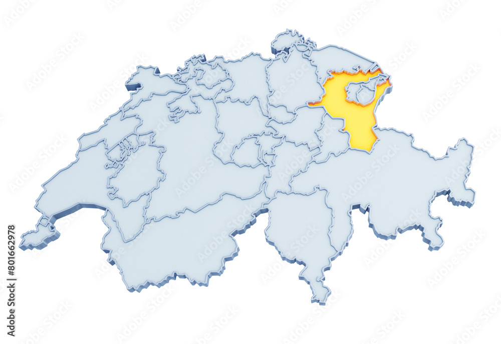 Swiss canton of St. Gallen highlighted in golden yellow on three-dimensional map of Switzerland isolated on transparent background. 3D rendering