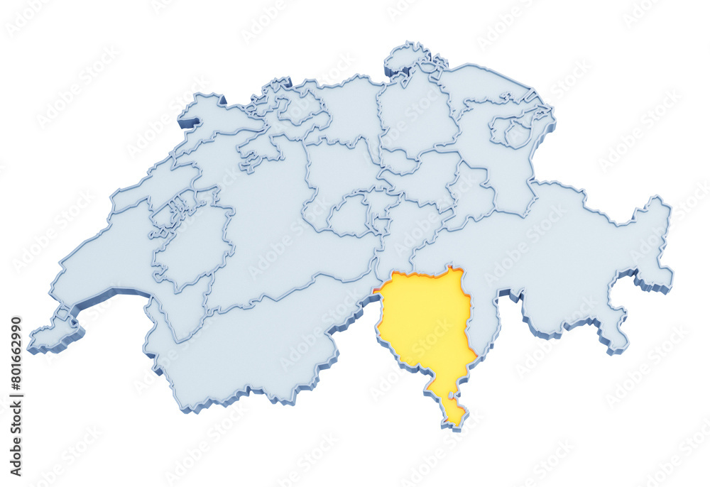 Swiss canton of Ticino highlighted in golden yellow on three-dimensional map of Switzerland isolated on transparent background. 3D rendering