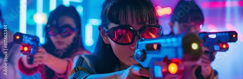 Dynamic trio of young players engage in an intense laser tag battle, adorned with cool reflective glasses in a neon-lit arena, focused and strategic in their thrilling game