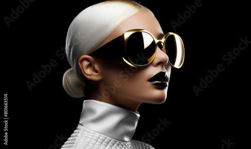 Stylish model with oversized sunglasses and avant-garde white attire, perfectly embodying edm culture against a dark backdrop, ideal for modern techno music cover art