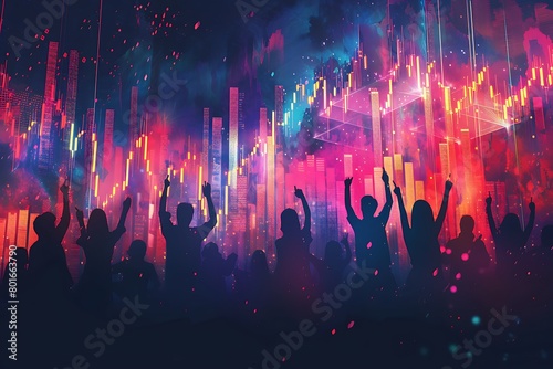 Create a scene of traders celebrating amidst a rising graph