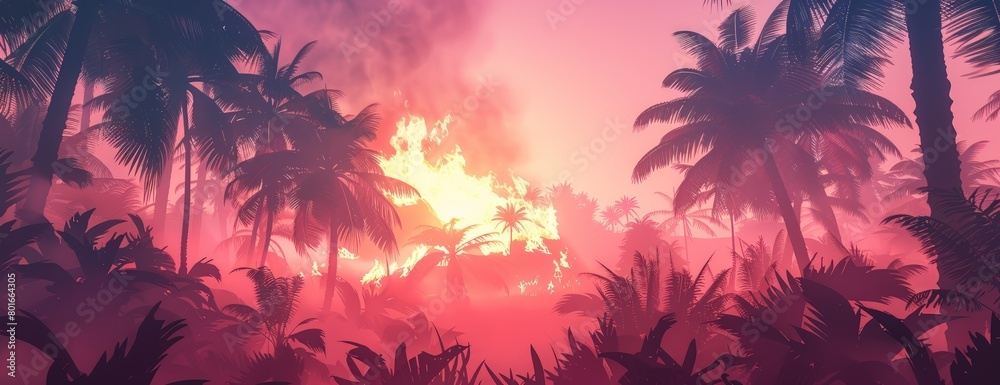 palm trees in the background, and a palm fire, light pink and dark azure