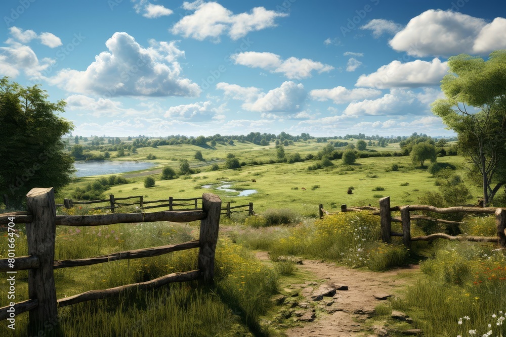 A beautiful landscape with a blue sky, green fields, and a river