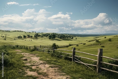 A dirt road winds through a lush green field, passing by a wooden fence and into the distance