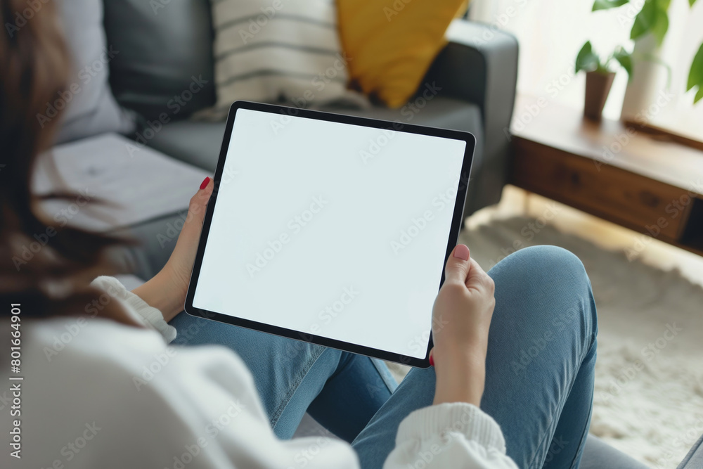 Over-the-shoulder view of a woman at home holding a digital tablet with an empty screen, ready for mockups or interface design presentations. Comfortable living space adds a relaxed atmosphere Over-the-shoulder view of a woman at home holding a digital tablet with an empty screen, ready for mockups or interface design presentations. Comfortable living space adds a relaxed atmosphere