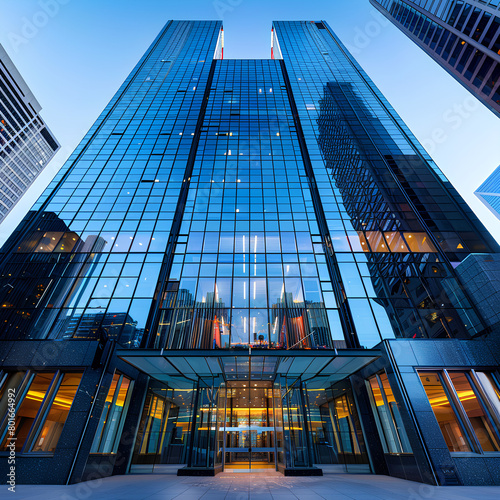 Against a backdrop of sleek skyscrapers adorned with reflective glass facades and vibrant lighting, lies the entrance to an office building, nestled under a clear azure sky.