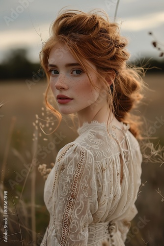 woman red hair blue eyes standing field soft pale golden skin young bushy linen fine lace girl love