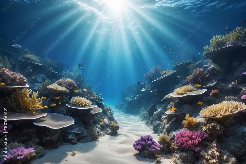 Blue underwater  seabed background with sunbeams lighting corals and azure water of deep sea. Mystical blue scene.