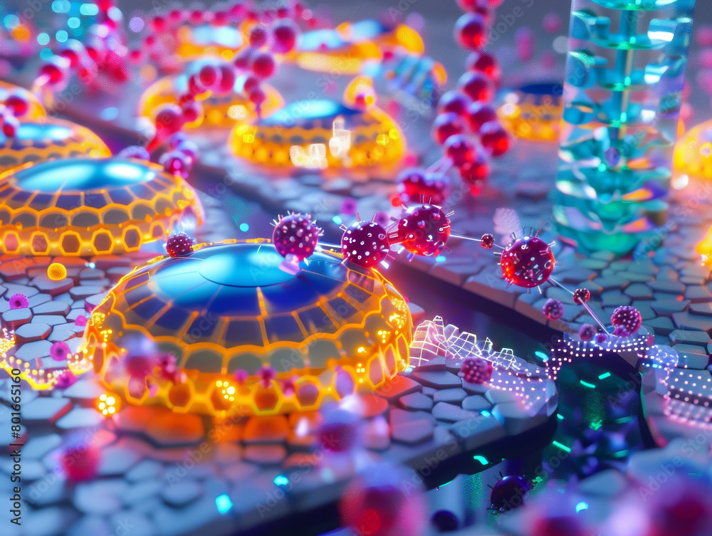 A colorful image of a cell with many different colored spheres A colorful image of a cell with many different colored spheres