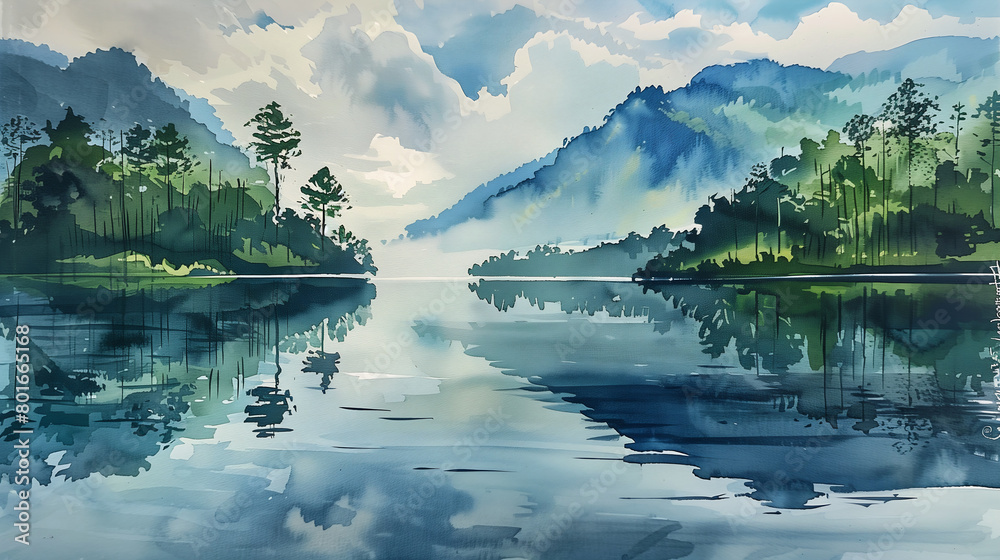Naklejka premium lake mountain background illusion deep color breathtaking trees mirrored indonesia absolute peace quiet hanging scroll