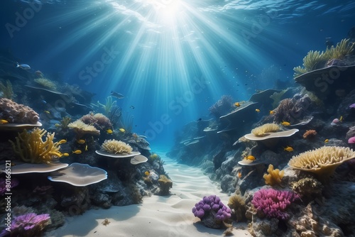 Blue underwater  seabed background with sunbeams lighting corals and azure water of deep sea. Mystical blue scene.