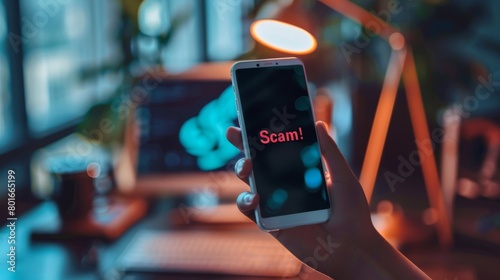 Hand holding a mobile phone with an incoming call from an unknown number. The screen displays the word "Scam!" against a blurred office background