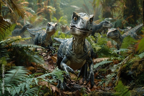 A professional photo captures the Velociraptor dinosaur in its natural habitat, depicting the agile predator prowling through rugged rocky terrain with sharp cliffs and sparse vegetation