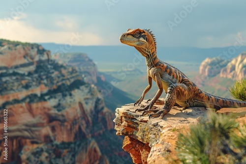 A professional photo captures the Velociraptor dinosaur in its natural habitat  depicting the agile predator prowling through rugged rocky terrain with sharp cliffs and sparse vegetation
