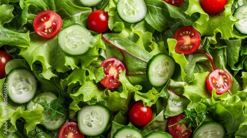 Vibrant garden salad with fresh lettuce, tomatoes, and cucumbers, great for healthy lifestyle promotion.