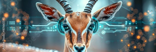 A gazelle with augmented reality eyes, visualizing data overlays of the savannah, showcasing a closeup strange style hitech ultrafashionable concept photo