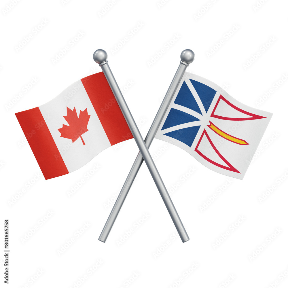 Crossed flags of Canada and the Canadian province of Newfoundland and Labrador isolated on transparent background. 3D rendering Crossed flags of Canada and the Canadian province of Newfoundland and Labrador isolated on transparent background. 3D rendering