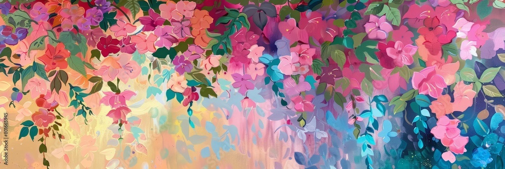 A painting of a floral arrangement with bright colors.