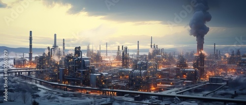 A digital painting of a sprawling industrial complex in the middle of a snowy landscape