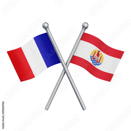 Crossed flags of France and the French overseas territory of French Polynesia (Polynésie française) isolated on transparent background. 3D rendering photo