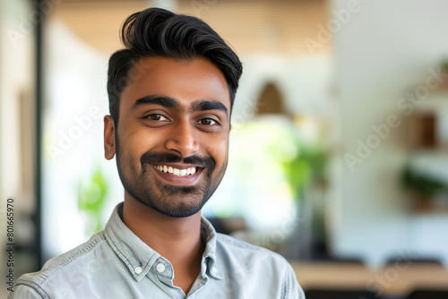 Portrait of an affable young man with a well-groomed beard, sporting a warm smile and standing in a bright office setting, exuding positivity and professionalism