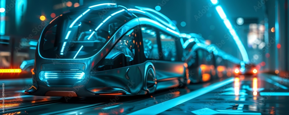 futuristic city bus with blue and white lights at night