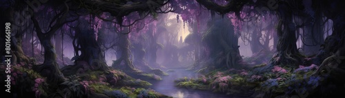 A mystical forest with a river running through it. The trees are tall and the leaves are a deep purple. The flowers are pink and white. There is a light mist in the air.