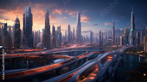 A beautiful painting of a futuristic city with a purple sky and a blue river. The city is full of tall buildings and skyscrapers  and there are cars flying in the air.