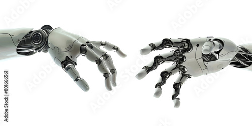 two robot hands reaching towards each other on a white background,