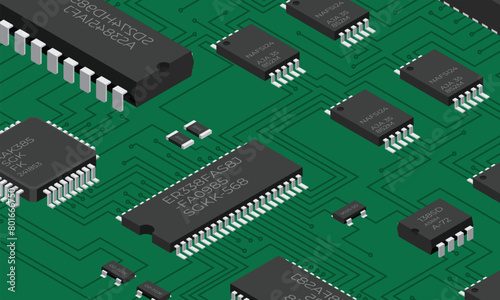 Isometric electronic board. Isometric printed circuit board with electronic components. Electronic components and integrated circuit board