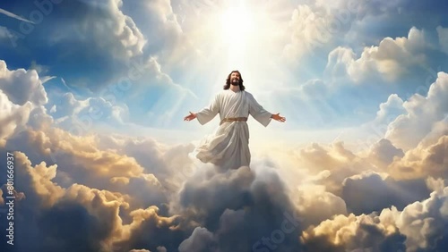 almighty god in the clouds. The resurrected Jesus Christ ascending to heaven above the bright light sky and clouds and God, Heaven and Second Coming concept believe. photo