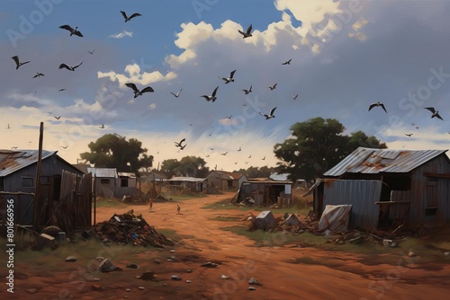 A painting depicting a small African village with a few metal shacks and a dirt road running through it. The sky is blue and cloudy and there are many birds flying overhead.