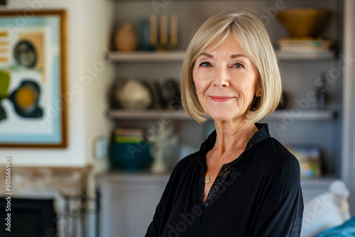 Portrait of an elegant senior woman with blonde short hair, smiling warmly at the camera in a stylishly decorated living room, radiating confidence and contentment