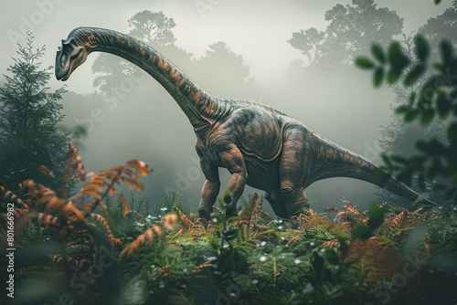 Capture the grace and elegance of a Brachiosaurus as it stretches its long neck to reach high into the treetops for nourishment