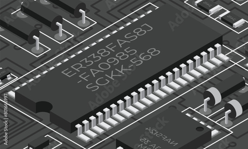 Isometric electronic board. Isometric printed circuit board with electronic components. Electronic components and integrated circuit board