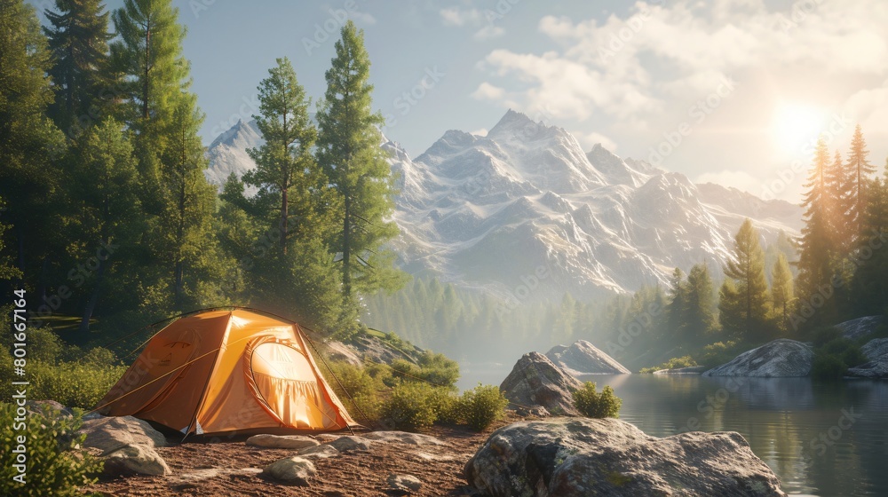 Camping tent, tourist camp in the mountains. Outdoor adventure and summer concept, nature landscape