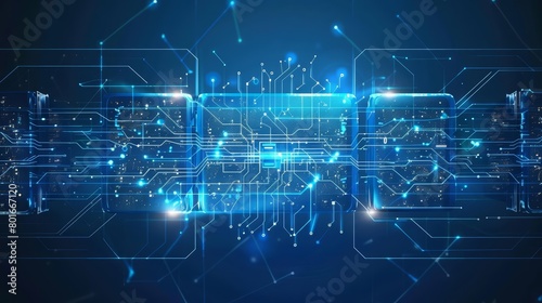 Surge protectors and battery backups merge into a blue digital binary stream, symbolizing robust protection in a hitech vector illustration, background hitech concept